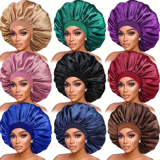TEMU 9pcs Of Women's Satin Bonnets, Elastic Wide Edge - Stylish And Snug Sleeping Cap, Comfortable And Care Cap