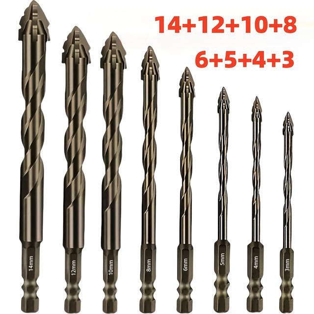 TEMU 8pcs High-durability Alloy Steel Drill Bit Set With 4 Sawtooth Bits For Ceramic, Glass, Marble & Concrete