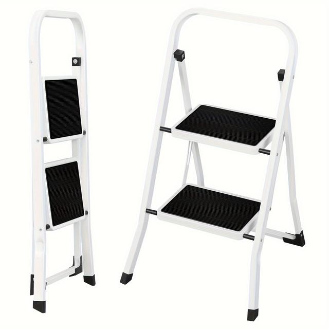 TEMU 1pc Échelle pliable à 2 niveaux avec marches antidérapantes Échelle avec poignée Facile à Peut supporter jusqu'à 150 kg Acier Noir + Blanc