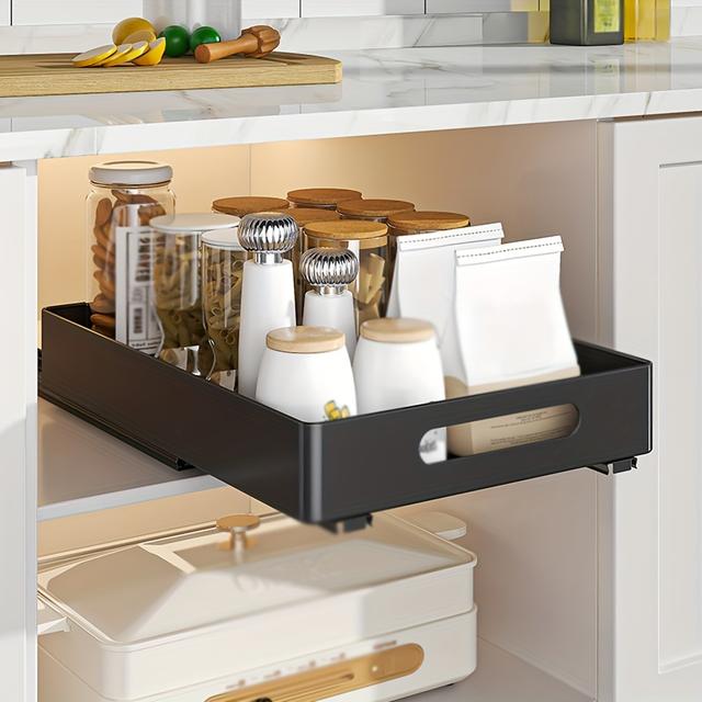 TEMU Single Unit Pull-out Cabinet Organizer, Storage Solution Featuring Sliding Pantry Shelves And Drying Rack With A , Versatile Metal Storage Racks For Kitchen Countertops, In White And Black.