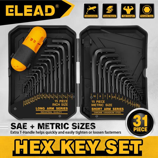 TEMU Elead 31pcs Hex Key Set - Heat-treated Steel, Sae & Metric Sizes (0.7mm-10mm) With Torque Handle, High Long & Short Allen Wrenches, Easy Size & Organized Storage Case