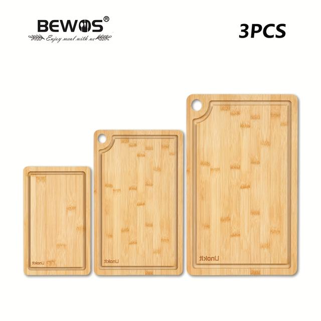 TEMU 3 Piezas de Tabla de Cortar de Bambú y Madera para Cocina - Tabla con Ranuras para Jugos, Mango Integrado, Higiénica para Carne, Verduras, Frutas, Ideal para , Cortar, Opción de Regalo