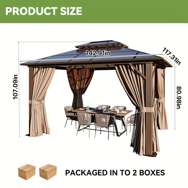 TEMU 10×10ft/10x12ft/12×16ft Gazebo With Netting And Curtains, Outdoor Pergola With Aluminum Frame And Double Polycarbonate Roof, Brown Party Tent For Patio, Backyard, Or Lawn