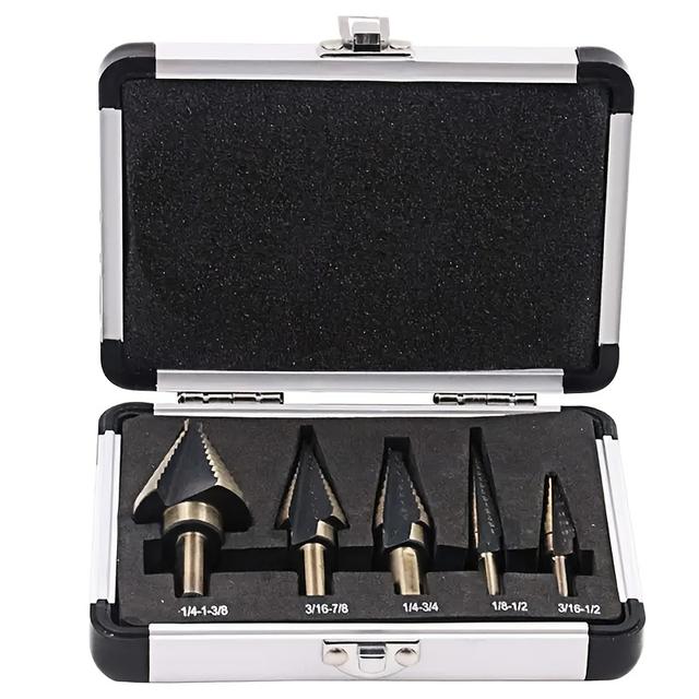 TEMU 5pcs Cobalt Step Drill Bit Set - 50 Sizes, Titanium Cone Drill Hole, Aluminum Case