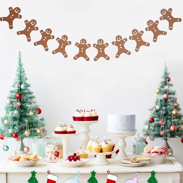 TEMU 1pc, Gingerbread Theme Garland Banner Christmas Hanging Decorations Tree Ornaments Christmas Bunting Banner For Party Wall Decor