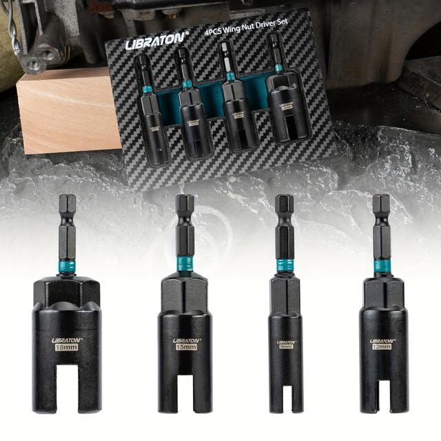 TEMU Libraton 4pcs Wing Nut Driver Set, Wing Nut Driver Bit 9mm 12mm 15mm 18mm, 1/4-inch Hex Shank Wing Nut Driver For Hook Bolt Installation