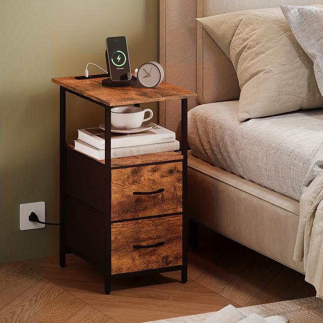 TEMU EUNOS 充電ステーション付きエンドテーブル、布製引き出し2個付き狭幅サイドテーブル、収納付きスキニーナイトスタンド、リビン・ソファ・寝室・カウチ用小型スリムベッドサイドテーブル