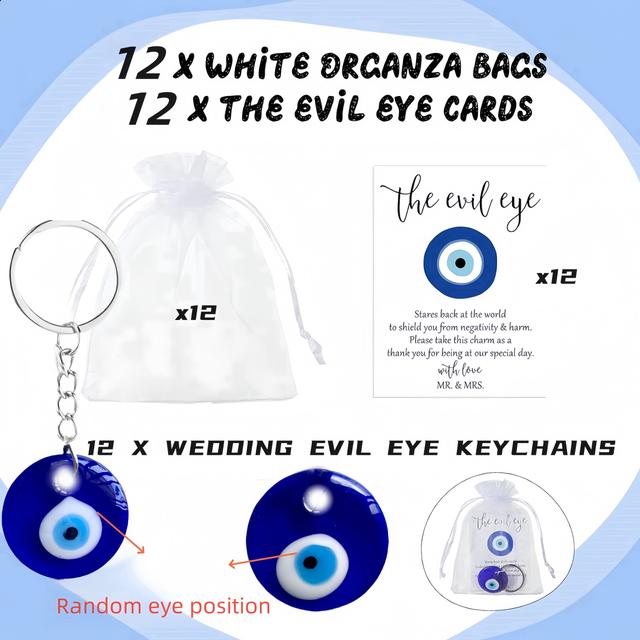 TEMU 36pcs Turkish Blue Evil Eye Keychain Gift 12 Sets - Good Luck Amulets With Organza Bags & Wishes Cards For Wedding Favors, Bridal Showers & Parties