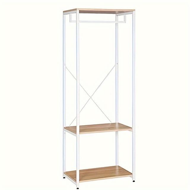 TEMU 1pc Bedroom Clothes Rail Hanging Rack With Shelf Function, Wardrobe Shelf Design, Metal And Wooden Structure, Oak Colour Matching