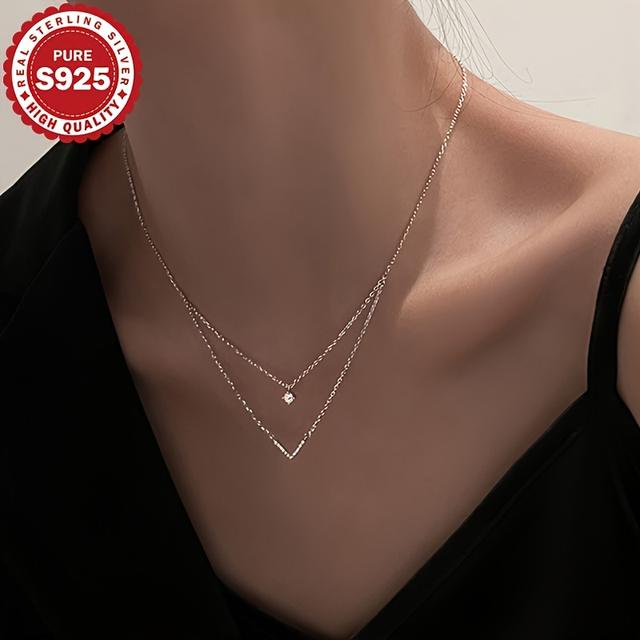 TEMU Eine doppellagige, V-förmige Zirkonia-Halskette aus 925er Silber mit minimalistischem Design, geeignet für festliche Anlässe, hypoallergen und das perfekte Geschenk für Sie.