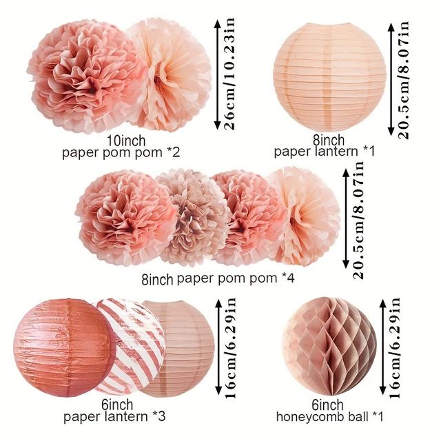 TEMU 11pcs Of Rose Golden Pom-pom Lantern Party Decorations