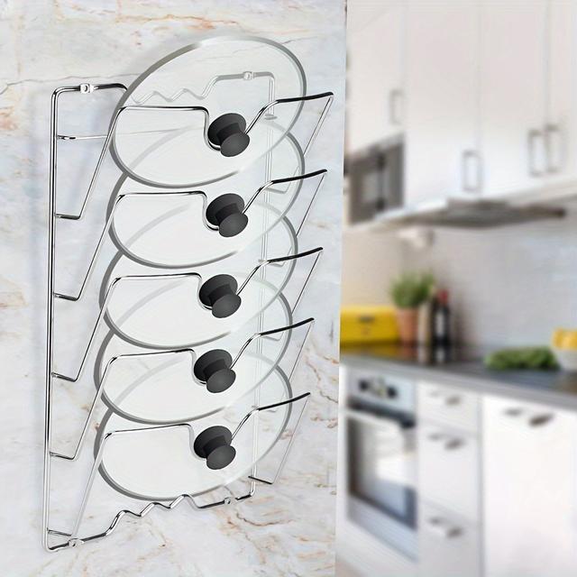 TEMU Metal Rack For Organizing Pot Lids, Designed To Be Mounted On Walls Or Hung With Adhesive For Kitchen Cabinet Door Storage