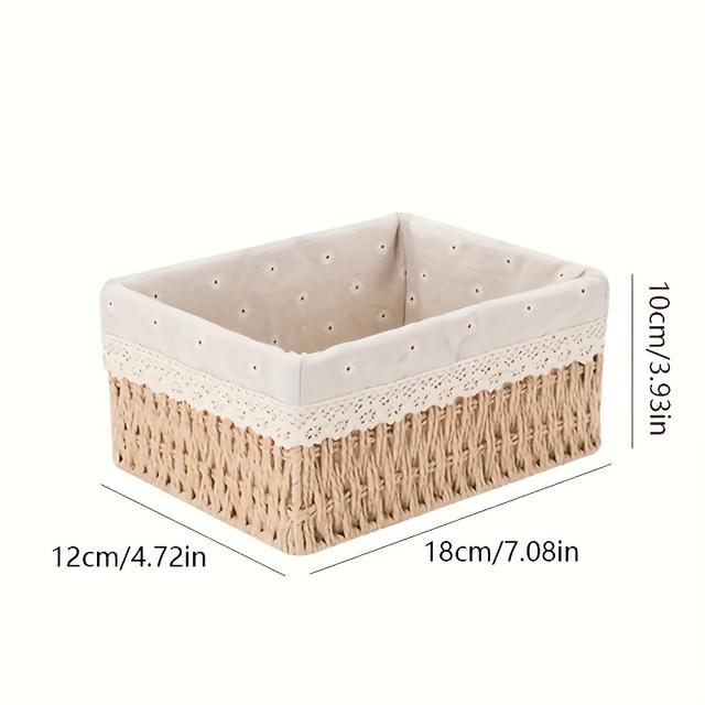 TEMU handgjord rottingkorg för förvaring, med avtagbart spetsfoder, för att organisera , diverse föremål i en skrivbordslåda, som en presentkorg eller för rumsdekoration