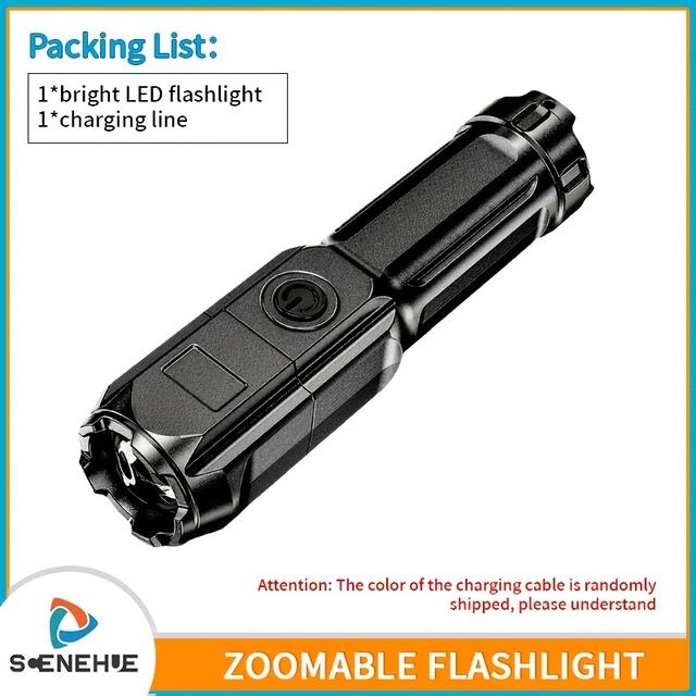 TEMU 1pc Bright Led Flashlight, Variable Zoom Handheld Flashlights, Usb Rechargeable Handheld Torch, Plastic Material, 3 - Flash Light Suitable For Work And Home Emergency Lighting Use
