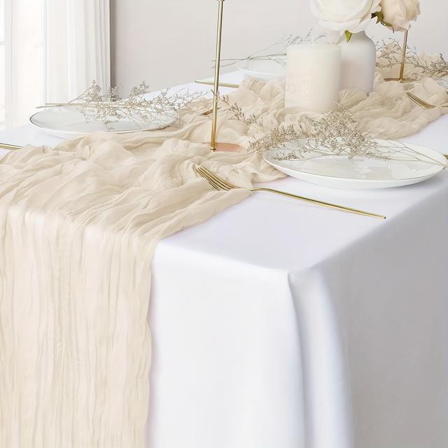 TEMU 1pc Beige Cheesecloth Table Runner - Bohemian Gauze Cheesecloth Romantic Sheer Table Runner, Suitable For Wedding, Bride, Baby Shower, Birthday Party, Dining Table Decoration