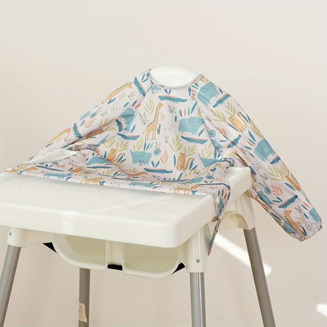 TEMU Long-sleeve Workwear Bib, Anti-mess Children's Feeding Bib With Elastic Band, Attaches To High Chairs, Strollers, And Tables, 100% Polyester Fiber Pul, Machine Washable, Quick-drying