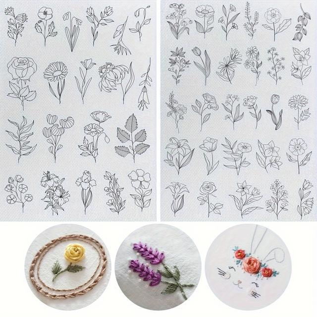 TEMU 48-pack White Floral Iron-on Transfer Patches, Pre-printed Water-soluble Embroidery Set With Flower And Leaf Patterns For Diy Sewing And Knitting Enthusiasts