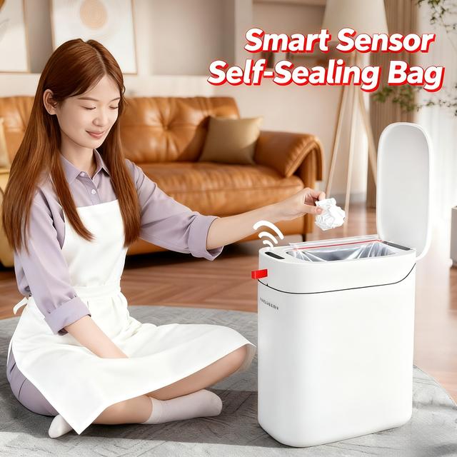 TEMU White Narrow Trash Bin With A Lid, Featuring A Non-contact Automatic Motion Sensor. This Small, Trash Can With Trash Bags And Is Suitable For Use In The Bedroom, Office, Or Kitchen