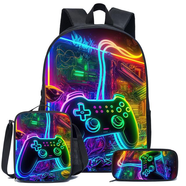 TEMU 3pcs Gaming Console Pattern Backpack Set For Boys, Casual Polyester Student Bookbag With Lunch Bag And Pencil Case, Hand Washable, Zipper Closure, Random