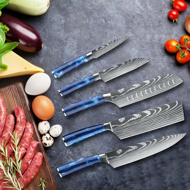 TEMU 5pcs Professional Kitchen Knife Set, Knives, Kitchen Knife Set, Stainless Steel Material For And Durability, Handle, Multiple Sizes , Enough To Handle A Of Ingredients, Makes A Great Gift!