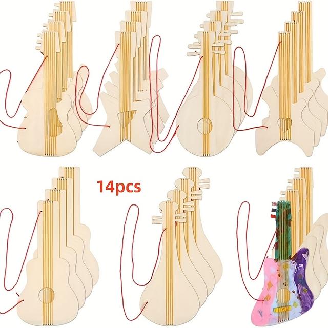 TEMU 8/14pcs Diy Unfinished Wooden Cut Guitar Crafts For Painting Wooden Plate Guitar Decorative Wood Pieces - Wooden Guitar With Holes Suitable For Festival Party Gifts