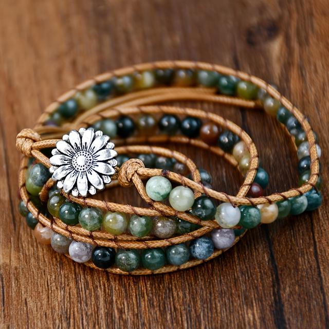 TEMU Bracelet Bohème - Bracelet en Perles d'Agate Naturelle Multicouches avec Cordon Réglable, Bijoux Ethniques Empilables pour Femmes, Ton pour Tenue Décontractée et