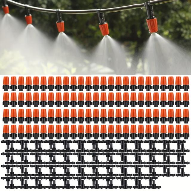 TEMU 100pcs Adjustable Spray Nozzle Sprinklers, Garden Drip Irrigation System With 3 T-shaped Sprayers (orange), Water-saving Garden Sprinkler, Adjustable Watering System | Decor | Plastic Sprinkler
