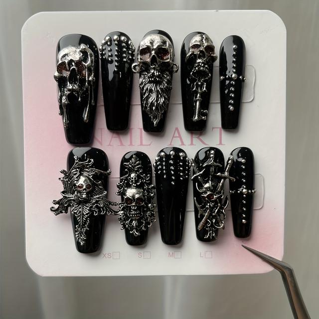 TEMU Handmade Halloween Press-on Nails Featuring A 3d Design, Black False Nails Are Suitable For Women And, With A And Sparkling Short Length