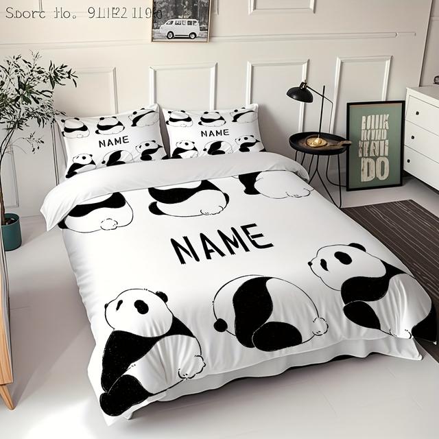 TEMU [맞춤제작] 3피스 개인화 카툰 팬더 테마 인쇄 침구 세트 (이름 커스터마이징 가능). 통기성 좋고 부드러운 사계절용. 내구성 강한 폴리에스터 소재. 고품질 원단, 세탁기 사용 가능