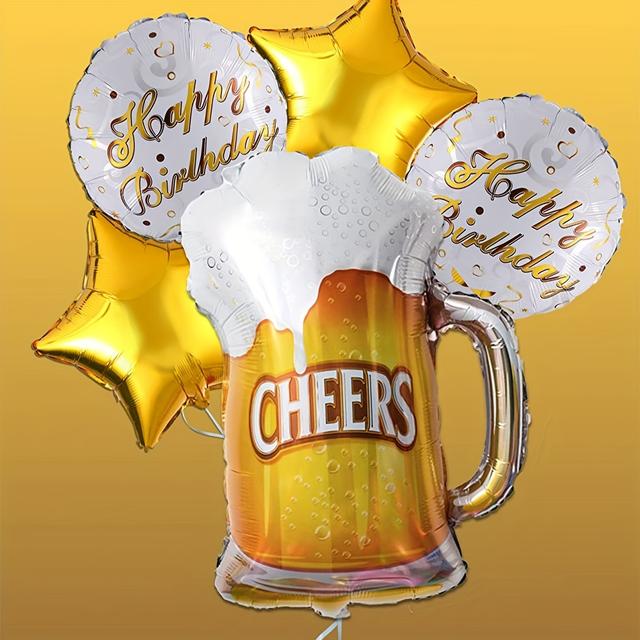 TEMU 5pcs Beer Balloons | Birthday Round 18-inch + Golden 18-inch Star Balloons Set, Ideal For Oktoberfest, Carnivals, And Party Decorations, Suitable 14+
