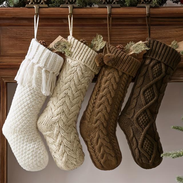 TEMU Farmhouse Knit Christmas Stockings: Set Of 3/4, 18-inch Rustic Unisex Cable Knit Fireplace Stockings, Cozy Hanging Christmas Stocking Decor, Ideal For Family Holiday Decorations,