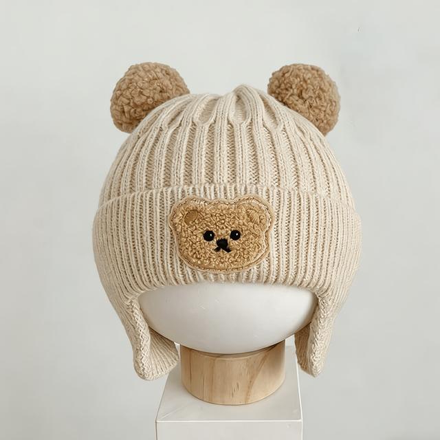 TEMU 1pc Bear Ear Hat With Pom-poms - Soft Warm Winter Hat &, Cute Bear Ear Flaps & Pom-pom Trim, Cozy Fitted Outfit Accessory & (hand Washable, Autumn/winter) - Ideal For Halloween