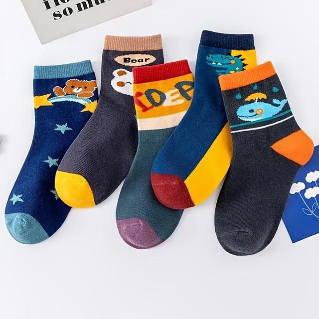 TEMU 5 Pairs Of Comfortable Cartoon Socks For Kids - Warm, Soft, Breathable Polyester Blend With Cute Bear, Whale, And Space Themes - Wear, Hand Wash Only, Socks | Socks | Polyester Blend
