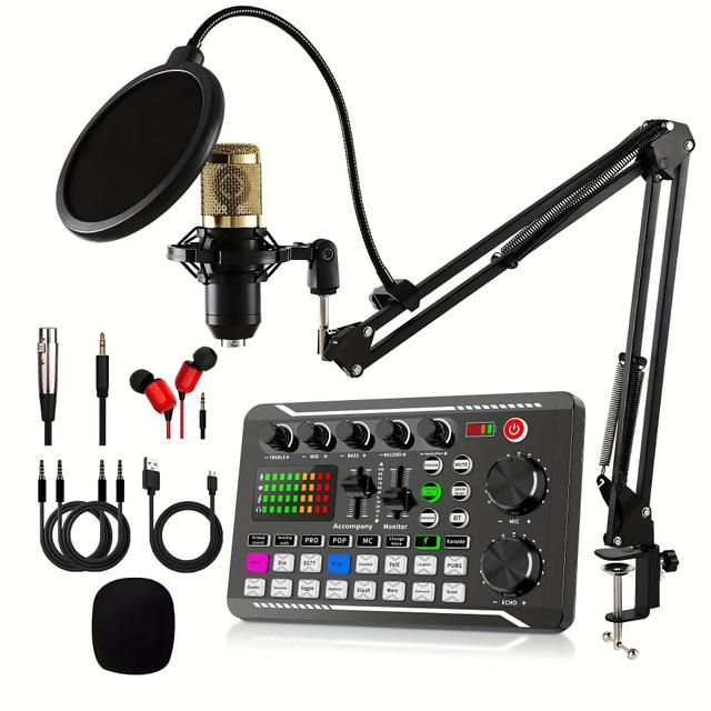 TEMU High-end Audio Set, + 35 Stand + Pop Filter + Sound Card, , 18650 Lithium Battery, Adjustable Stand, Perfect Combination. Mixing, Sound Effect Adjustment. Suitable For Pc, Smartphone Studio