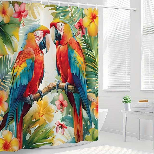 TEMU 1pc 2 Parrot Shower Curtain Tropical Plant Leaves Spring Floral Plants Animal Theme Pattern Bathroom Bathtub Decor Polyester Fabric Hanging Cloth With Hooks 70.8x70.8 Inches