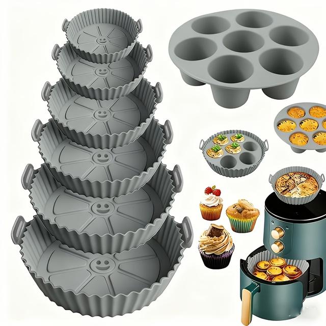 TEMU 7pcs Air Fryer Baking Set: 6 Liners () + 1 7-hole Cake Mold | Scalloped Edges, Easy Clean & Reusable – Perfect For Air Fryer, Oven & Microwave – Kitchen Essential