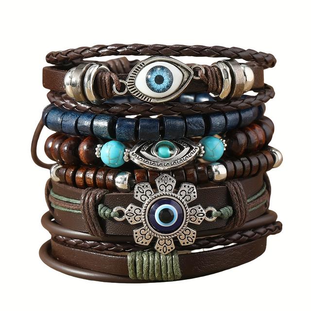 TEMU A Six-piece Set Of Bohemian Style Faux Leather Bracelets Featuring A And A Beaded Design, Handcrafted