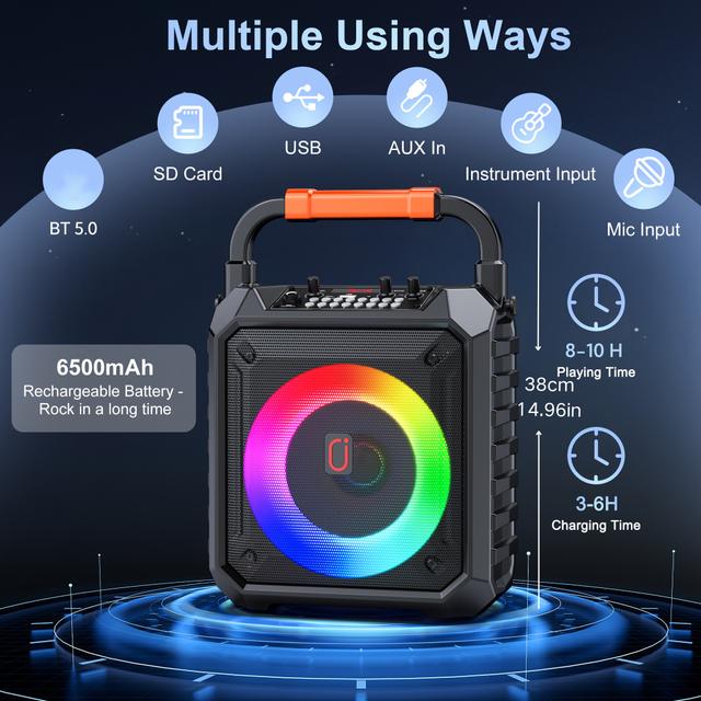 TEMU JAUYXIAN ポータブル屋外スピーカー、2つのマイク付きカラオケマシン、カラフルなライト付きワイヤレススピーカー、ワイヤレス/TFカード/USB/AUX入力、充電式長持ちパーティー用スピーカー
