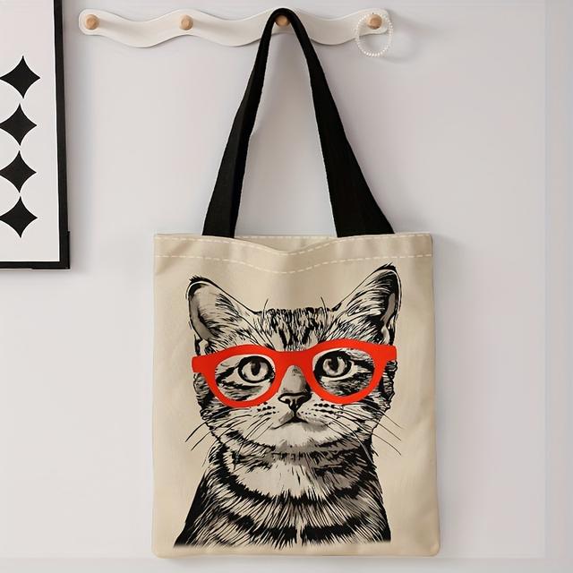 TEMU 1pc Stylish Black Cat With Red Glasses Double-sided Print Tote Bag - Reusable Durable Polyester Multifunctional Handbag & Backpack For Women, High- Bag With Sturdy Handles, Design, Opening