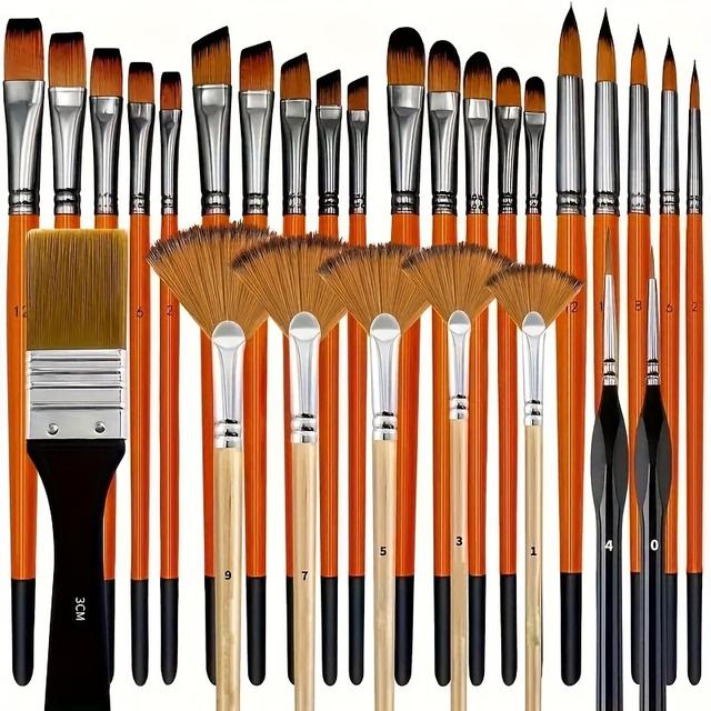 TEMU Master Series Artist Paintbrush Set With Wood Handles For Acrylic, Oil, Watercolor Painting - Versatile Shapes For Detailed Artwork, Strong Nylon Bristles, - Ideal For Beginners & Professionals