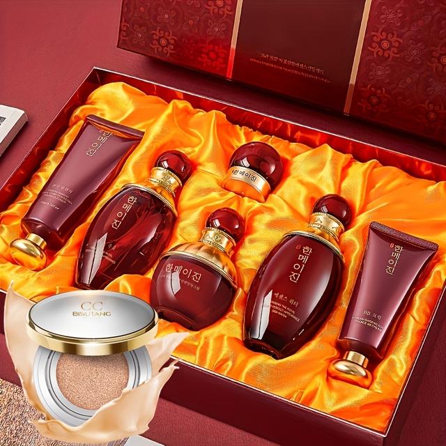 TEMU 7pcs Hanmei Skin Ginseng Moisturizing And Smoothing Skincare Set + Snail Moisturizing Cc Cream, Waterproof And Concealing, Suitable For Types, A More Skin Tone, Tightening Skincare Gift Box Set
