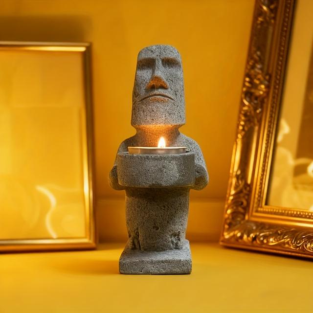 TEMU Moai Statue Candle Holder - Mysterious Stone Figure Candelabra For Home Decor, Ancestral Altar, Zen, Bookshelf & Desk, Unique Mystical Gift For Christmas, New Year And Spiritual Enthusiasts