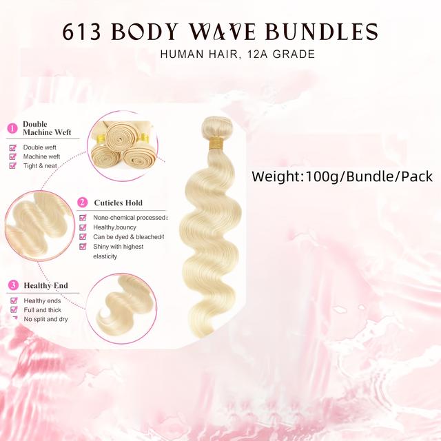 TEMU 613 Bundles Blonde Human Hair Single Bundle 20 Inch -34inch 1 Bundle Body Wave 100% 12a Brazilian Virgin 613 Human Hair Bundles 100g 1 Bundle