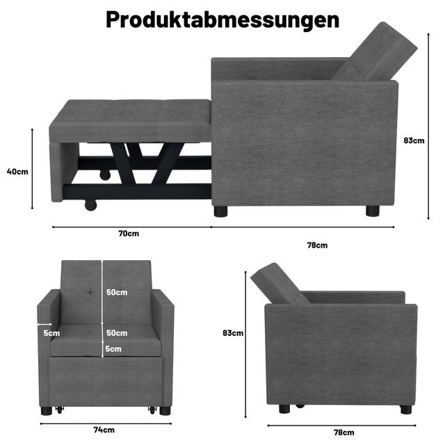 TEMU 3in 1 Sofa Bed Light Grey, Convertible Sleeper Chair With Adjustable Backrest, Fabric Single Sofa Bed Chair, Foldable Pull Out Room