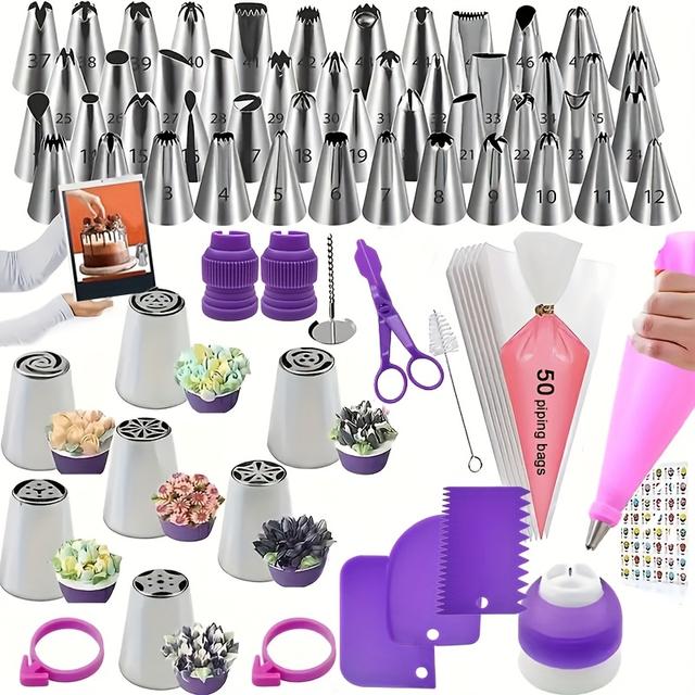 TEMU 124pcs Cake Decorating Baking Tool Set, Including 55 Piping Tips, 50 Piping Bags, 3 Cake Scrapers, Etc., With Storage Box. Creatively Make Cream Cakes, Biscuits, Breads