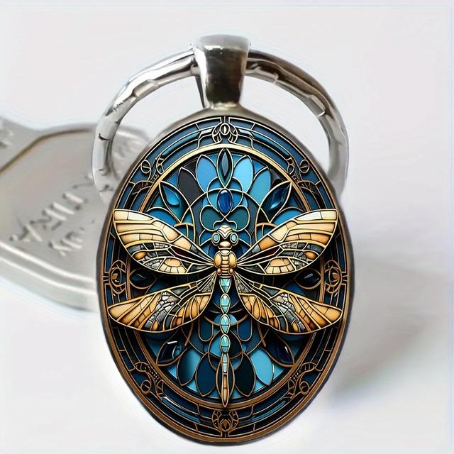 TEMU Stylish And Pattern Oval Alloy Glass Keychain, Perfect Accessory For Birthday Gifts And Party Celebrations