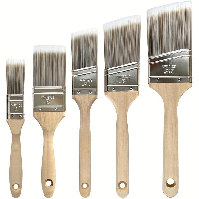 TEMU 5pcs Synthetic Fiber Bristle Paint Brushes Set, Tools, With Wooden Handles For Wall, Cabinet, And Fence Detail Work