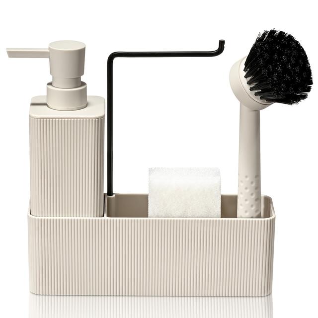 TEMU Matt fekete csíkos 4 az 1-ben szappanadagoló tálca, mosogatókefe, szivacs és rozsdamentes acél törülközőtartóval konyhai munkalapokhoz