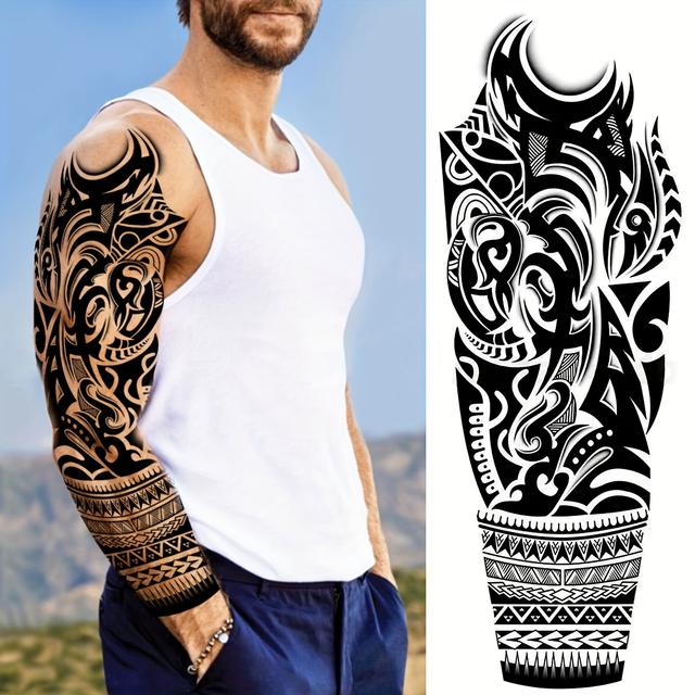 TEMU Realistic Black Tribal Maori Totem Temporary Tattoo Sticker - Waterproof, Long-lasting Full Arm & Leg Design For Men And Women - Perfect For Halloween & Parties