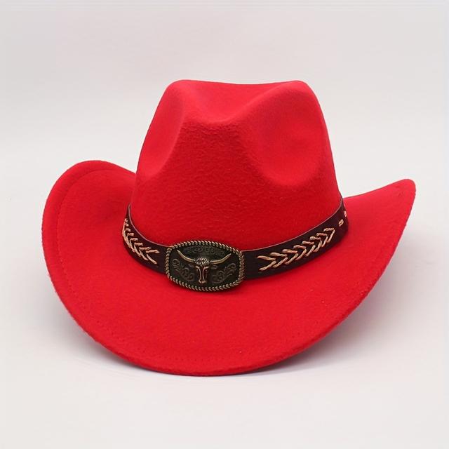 TEMU 클래식 와이드 브림 서부 스타일 모자, 남녀 모두에게 적합, 소 머리 장식 벨트 포함, 서부 테마 이벤트에 완벽.